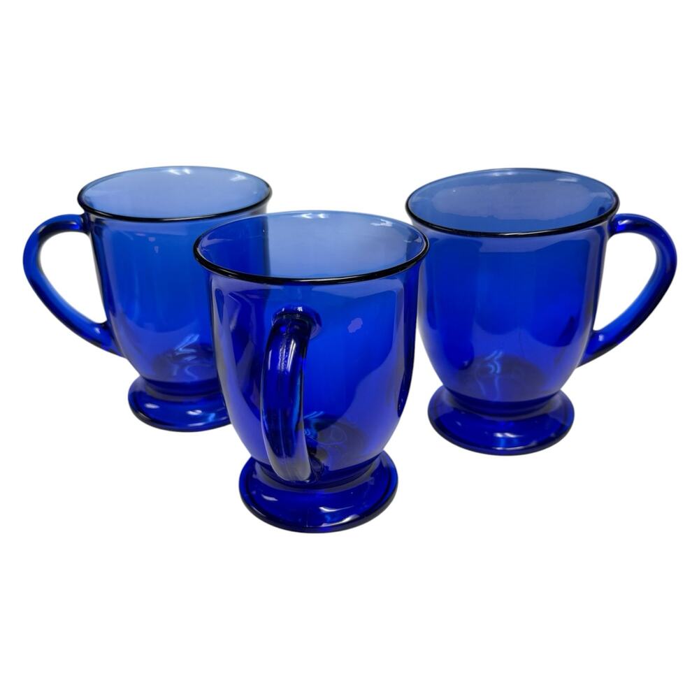 3 Anchor Hocking Footed Mug Cobalt Blue 16oz Vintage Coffee Latte Cappuccino Cup